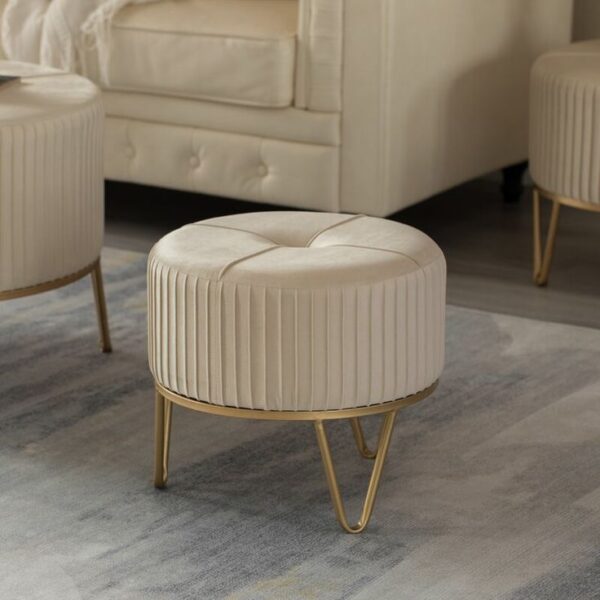 Beige Velvet Ottoman with Gold Legs