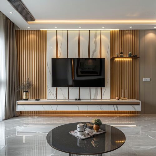 Wall-Mounted Marble & Wood TV Console