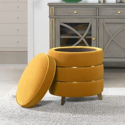 Mustard Velvet Round Storage Ottoman