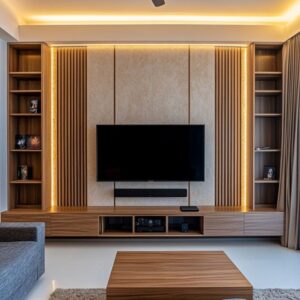 Contemporary Wooden TV Unit with Side Shelves