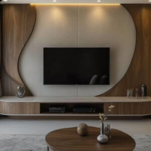 Curved Walnut Finish Wall-Mounted TV Unit